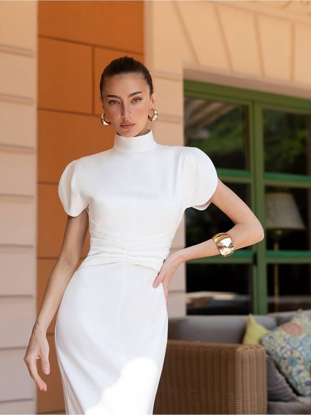 White Satin Wedding Gown: Sculpted Waist, High Neck - Formal Occasion